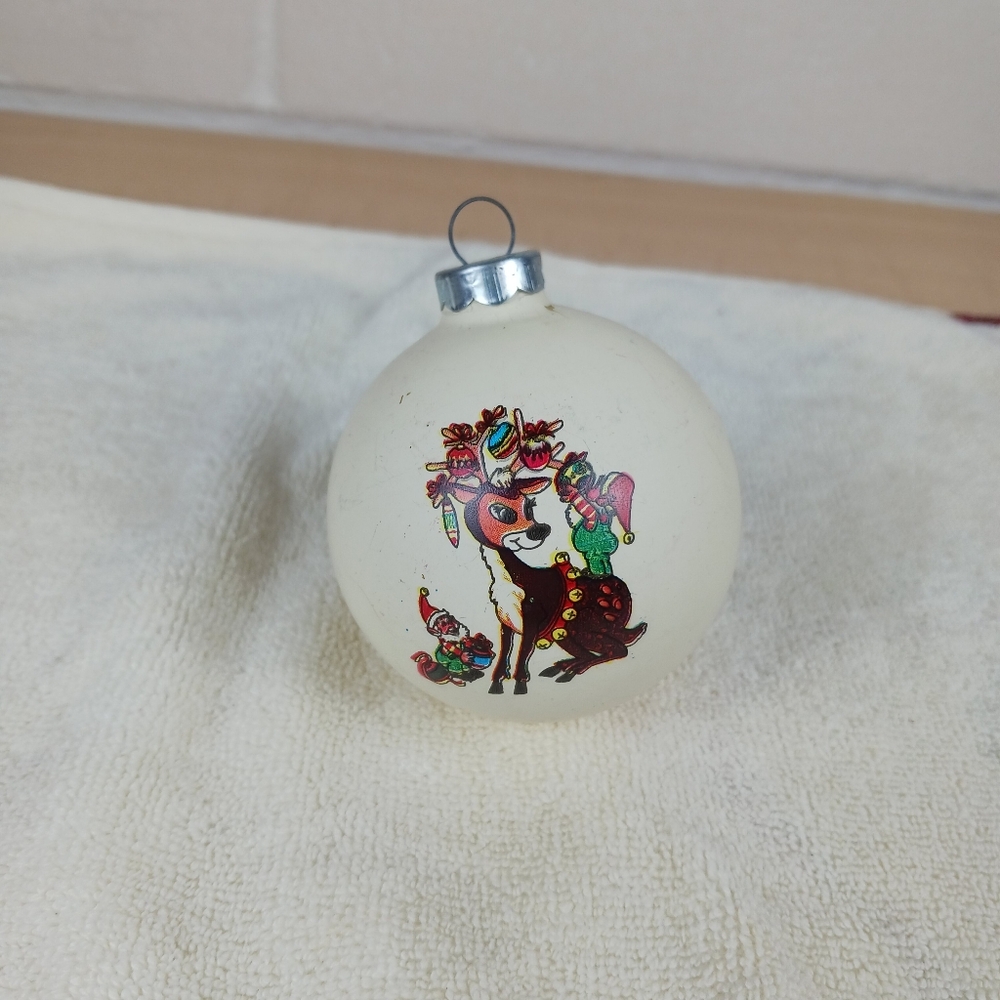 Vintage Rauch Ind Glass Hand Painted Reindeer And Elves Ornament Cartoon‎